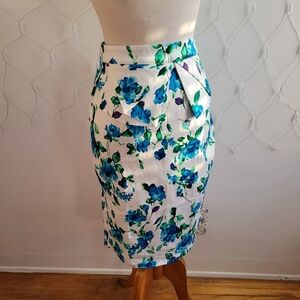 Grace Karin Pencil Skirt / White Blue & Green / Floral / Size Medium